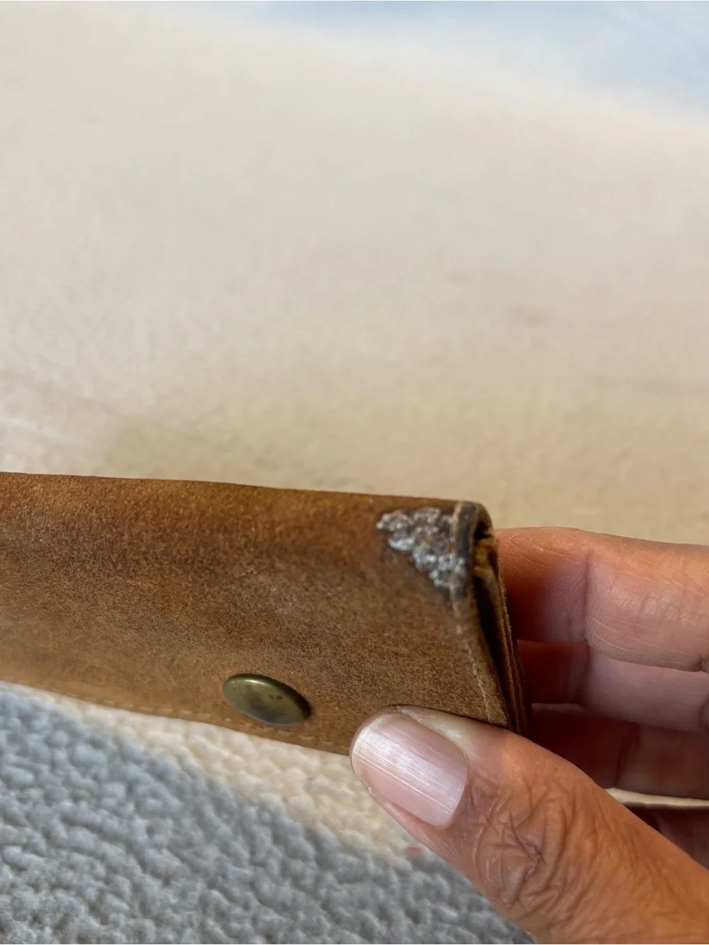 Vtg. Brown Cowhide Suede Leather Trifold Utility Wallet Clutch with Brass Studs